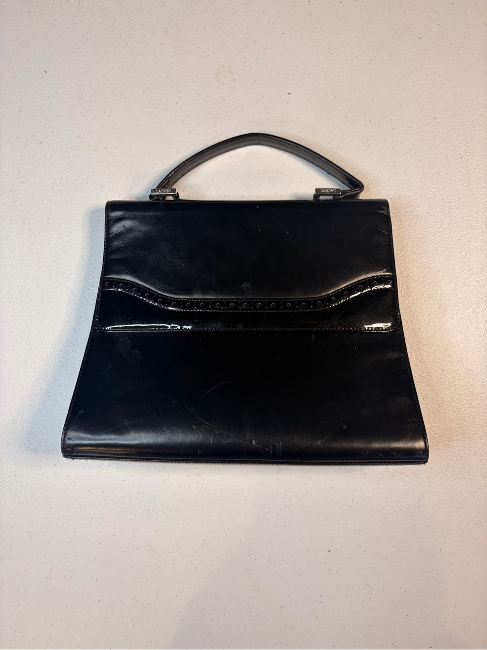 Lauren Ralph Lauren Black Leather Top Handle Bag Patent Trim Structured Satchel